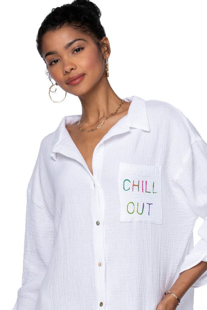 Good Vibes Cotton Gauze Shirt Mini Dress _ Chill Out Embroidery