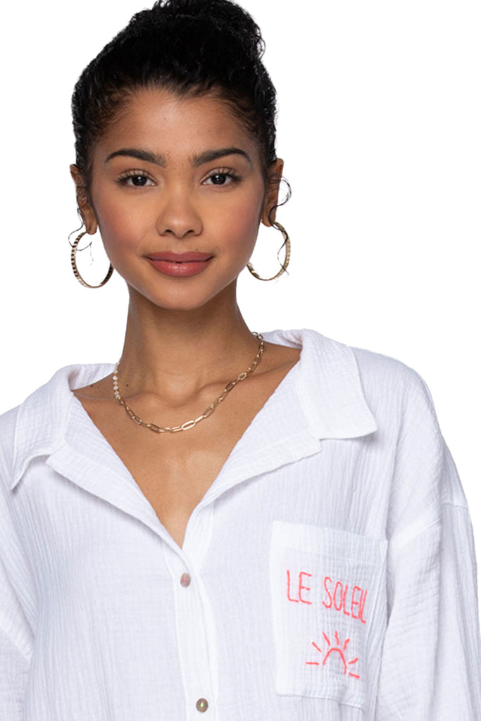 Good Vibes Cotton Gauze Shirt Mini Dress _ Le Soleil Embroidery