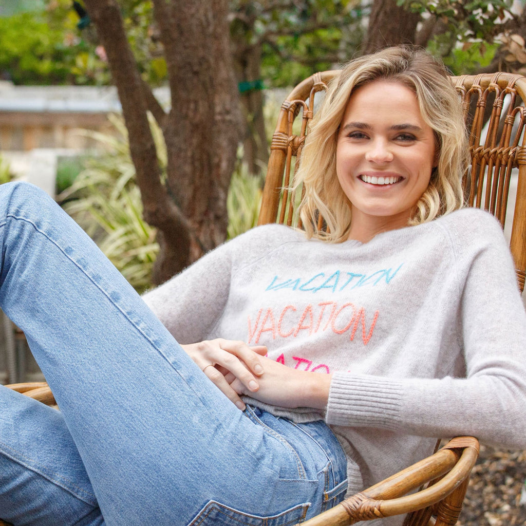 100% Cashmere Sweaters Knits with Fun, Whimsical Embroidery Stitch, Vacation Sayings Embroidery