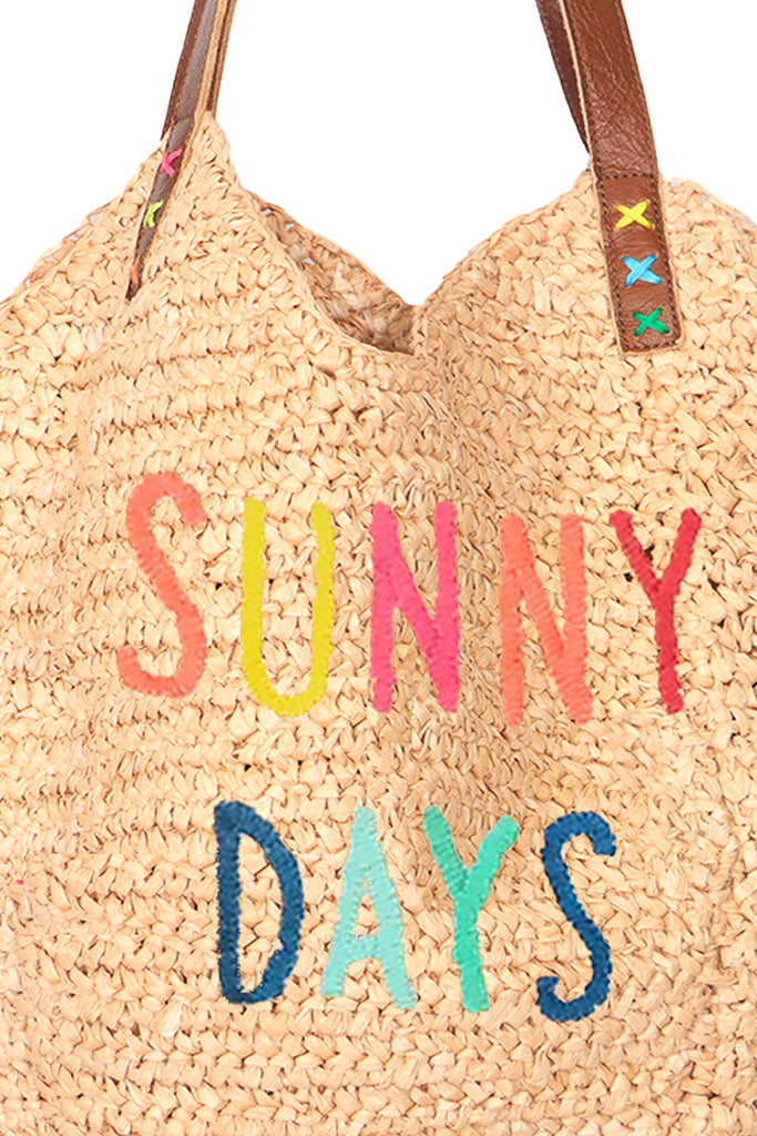 Beach Lovers Raffia Tote Bag - Sunny Days Stitched Embroidery