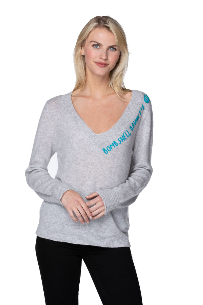 100% Cotton Essential V-Neck Sweater in Lt Grey with Bombshell Brunette Embroidery