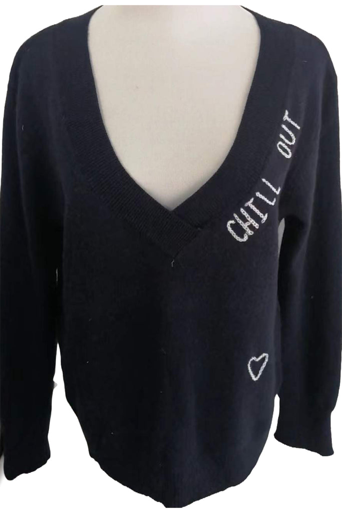 Chill Out Embroidery Cashmere V-Neck Sweater