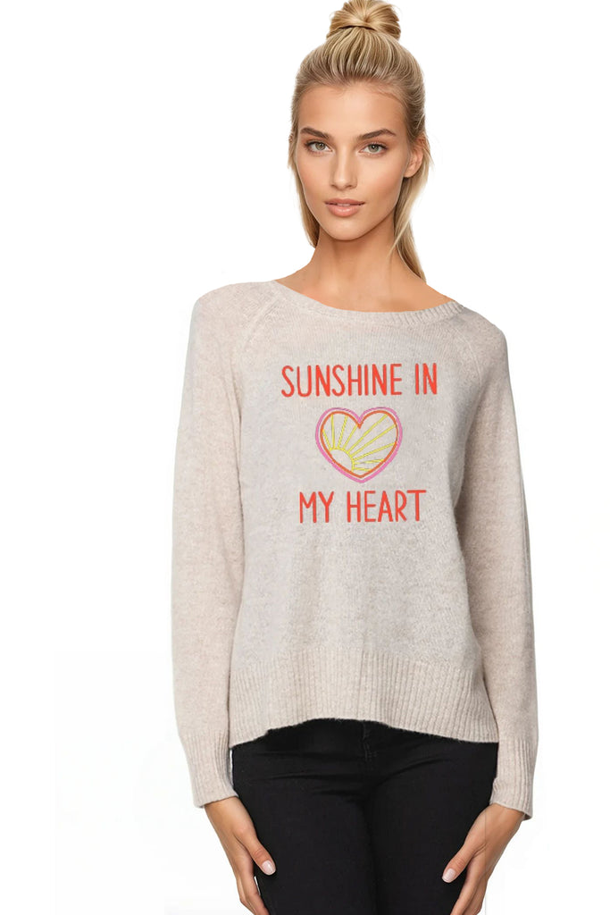 100% Cashmere Crewneck Sweater | Sunshine in My Heart Embroidery
