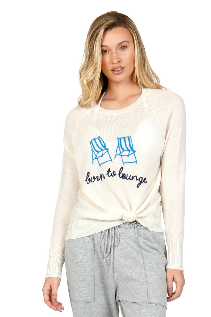 Born to Lounge Ivory Hand Stitch Embroidery Light Pink Crewneck Sweater -Cashmere-Crewneck Sweater