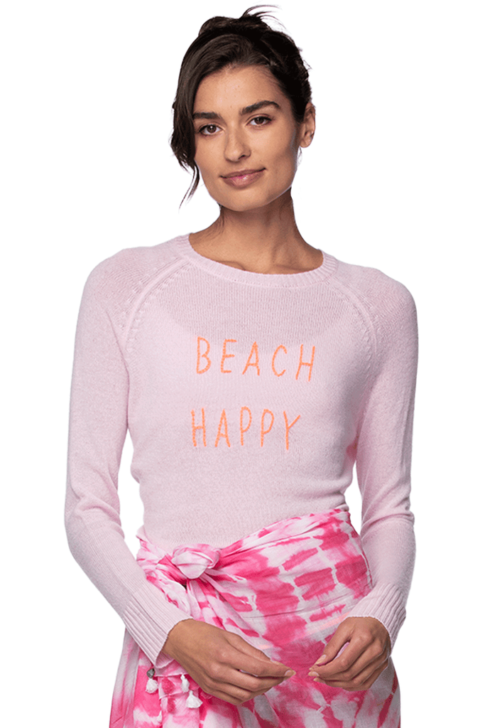 Beach Happy Hand Stitch Embroidery Light Pink Crewneck Sweater -Cashmere-Crew-with-Sarong2