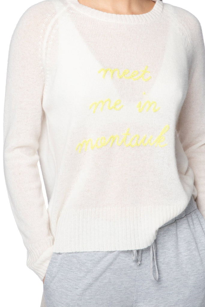 Montauk-Hand Stitch Embroidery Ivory crewneck cashmere sweater
