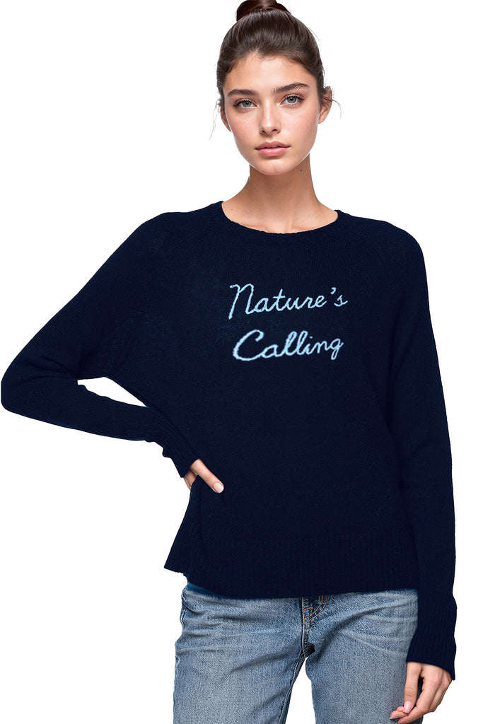 Cashmere Crewneck Sweater | Nature's Calling Hand Stitch Embroidery
