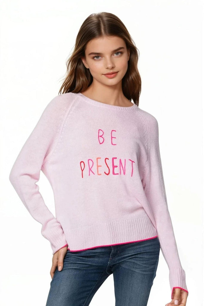 100% Cashmere Crewneck Sweater | Be Present Hand Stitch Embroidery