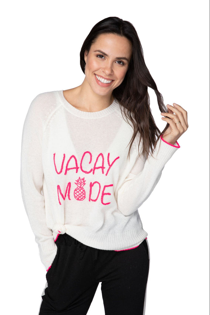 GS01EM White-Fuchsia Vacay Mode Hand Stitch Embroidery crewneck cashmere sweater white with pink