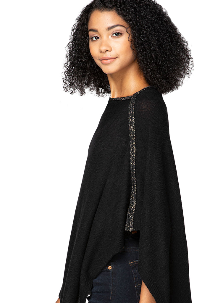 100% Cashmere Sweater Poncho with White-Gold Braided Trim