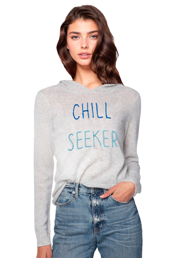 100% Cashmere Embroidery Cashmere Hoodie in Grey Heather with Chill Seeker Embroidery