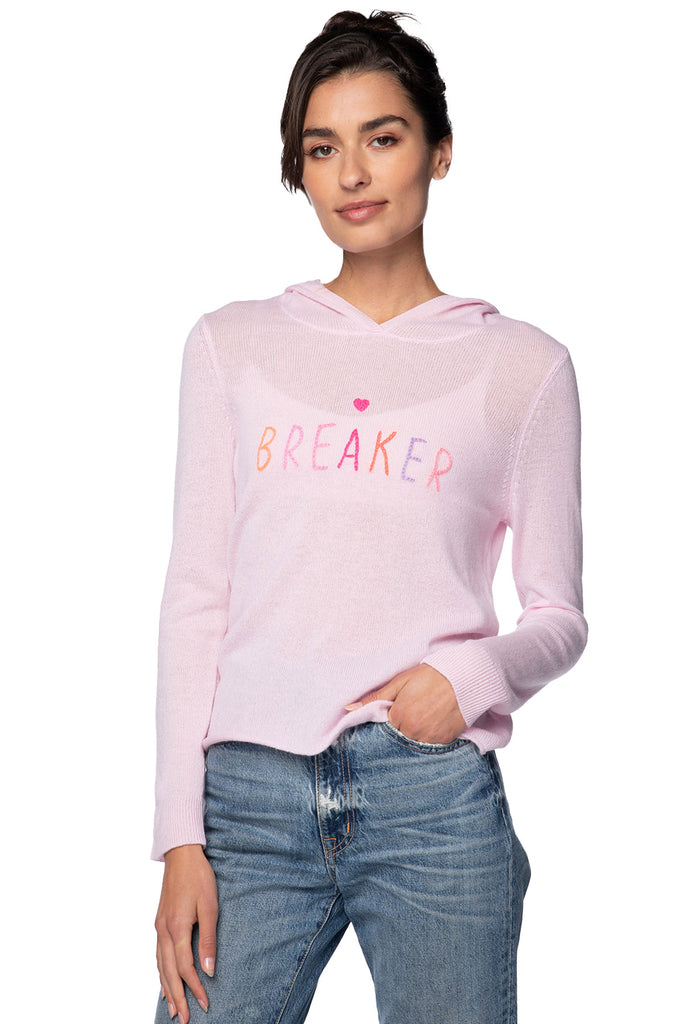 100% Cashmere Hoodie Sweater Lt Pink with Embroidery Heart Breaker