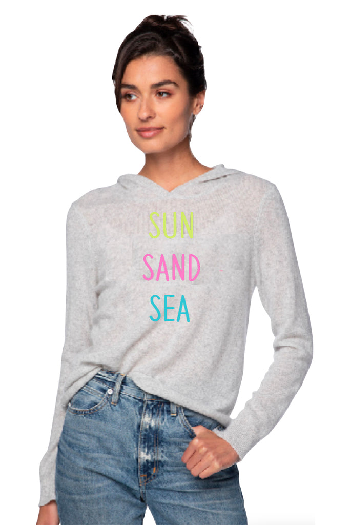 100% Cashmere Embroidery Cashmere Hoodie in Grey Heather with Sun Sand Sea Embroidery
