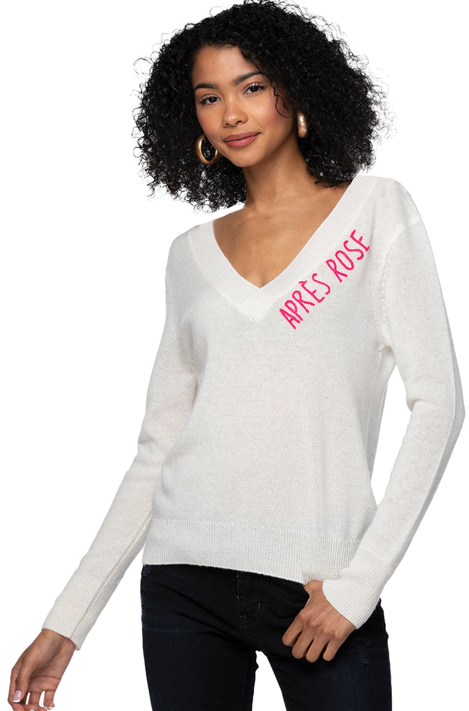 Essential Cashmere V-Neck Sweater | Aprés Rosé Embroidery