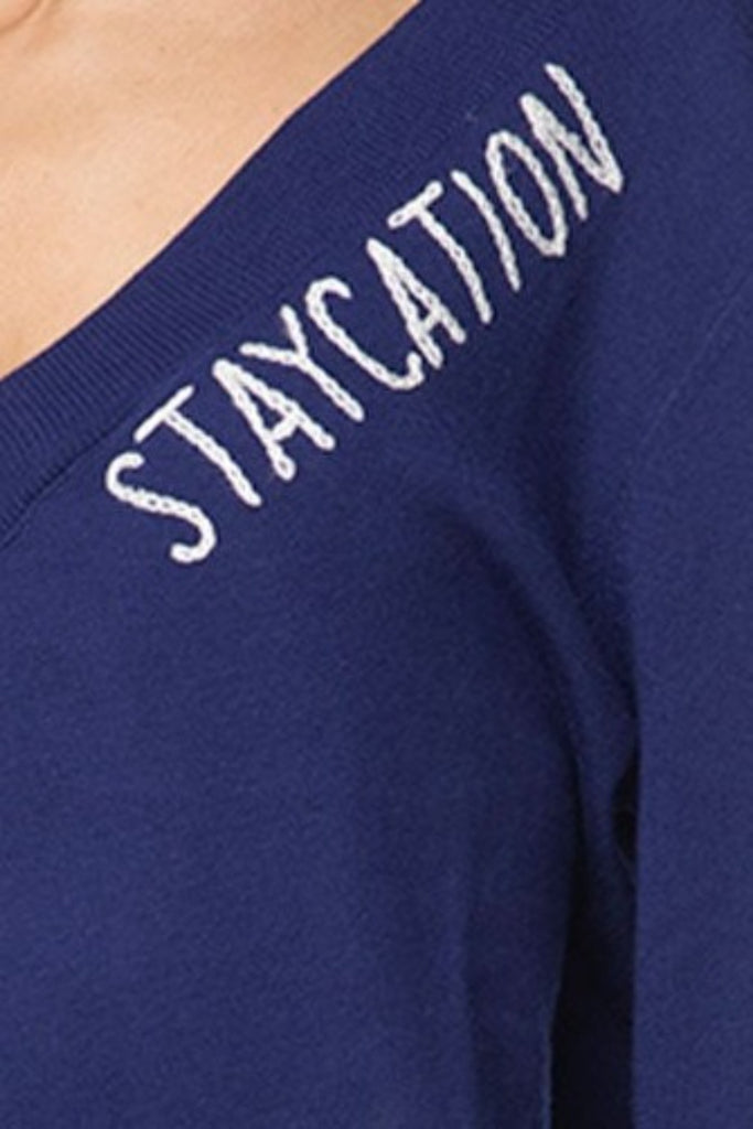 Eco Cotton V-Neck Sweater | Staycation Embroidery Hand Stitch
