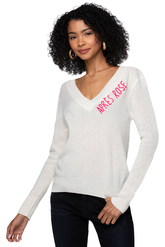 100% Cashmere V-Neck Sweater in White with Apres Rose Embroidery Stitich