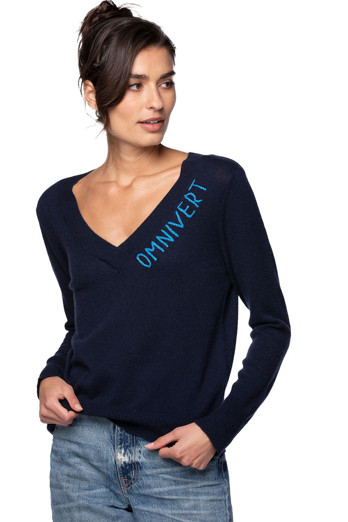 Cashmere V-Neck Sweater |  Extrovert, Introvert or Omnivert Embroidery