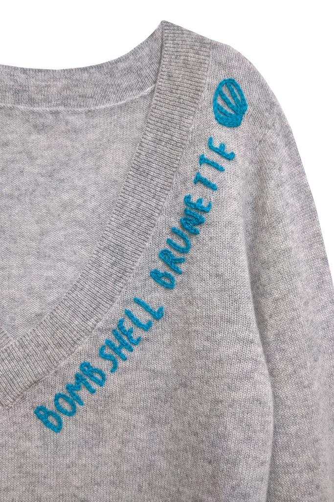 100% Cotton Essential V-Neck Sweater in Lt Grey with Bombshell Brunette Embroidery