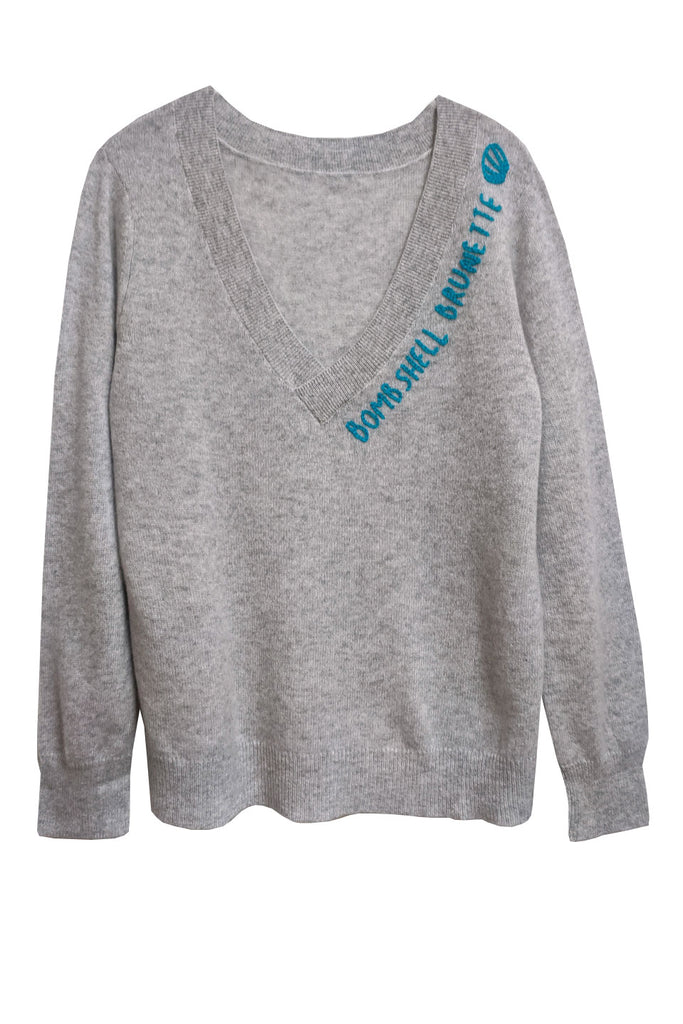 100% Cotton Essential V-Neck Sweater in Lt Grey with Bombshell Brunette Embroidery