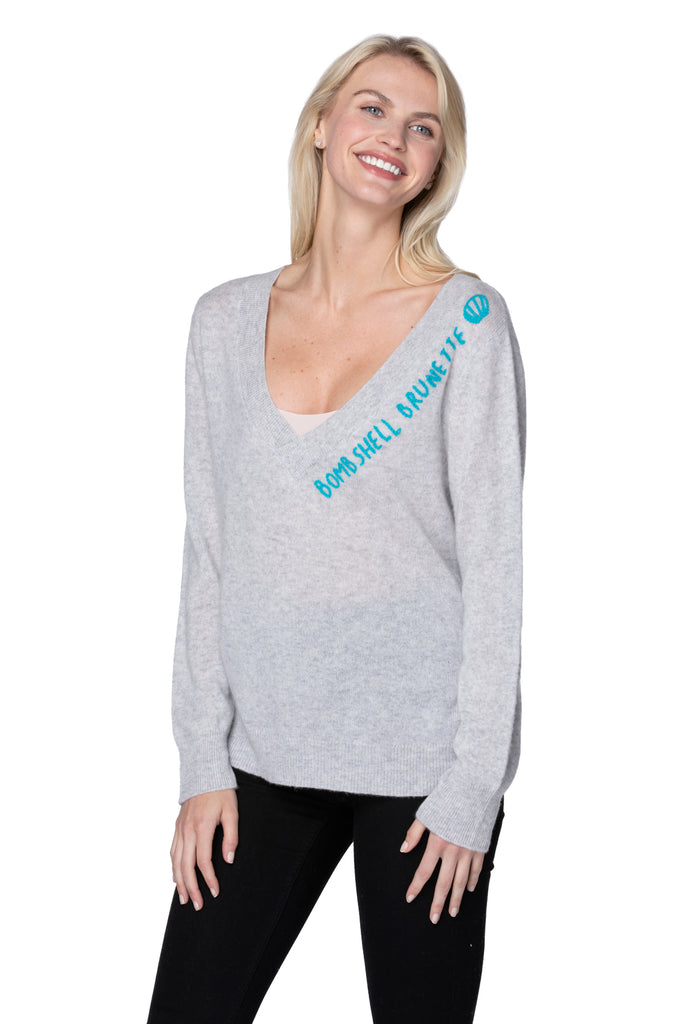 100% Cotton Essential V-Neck Sweater in Lt Grey with Bombshell Brunette Embroidery