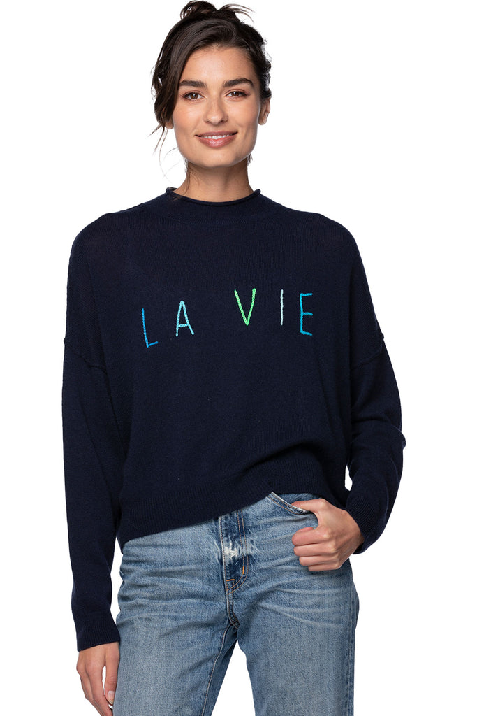 Funnel Neck Embroidery Cashmere Sweater |  La Vie