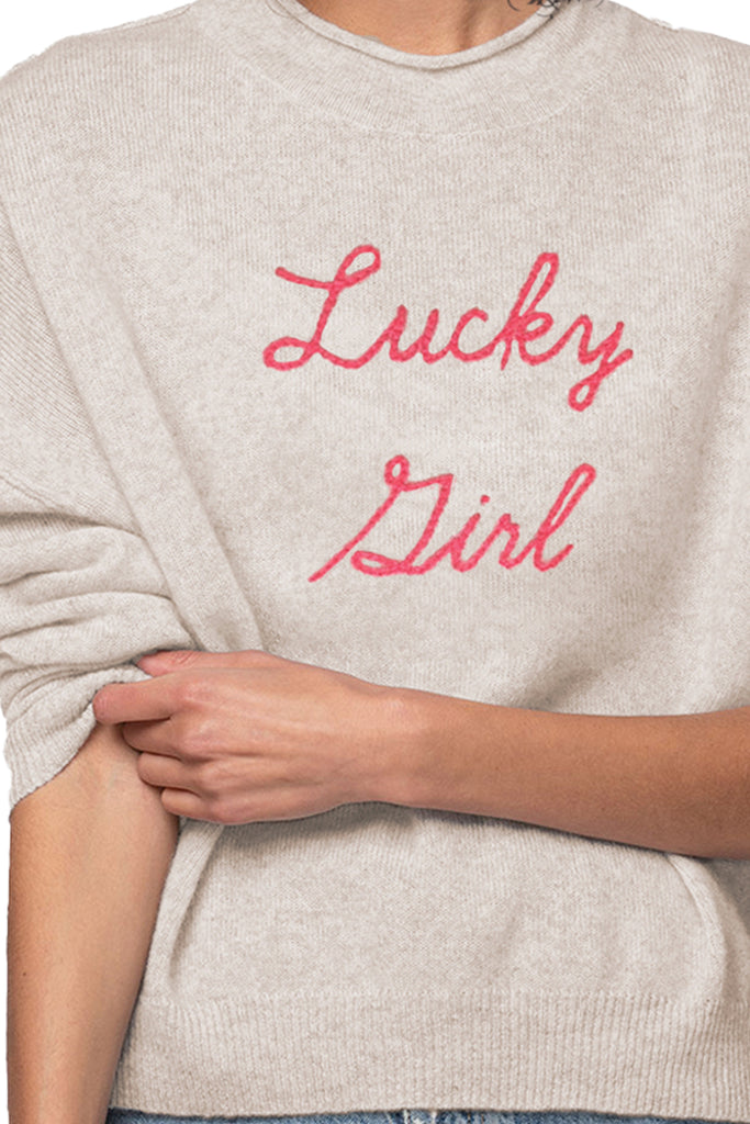 Funnel Neck Embroidery Cashmere Sweater |  Lucky Girl