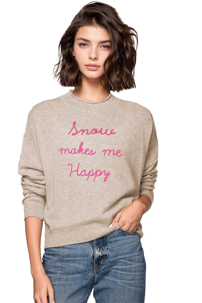 Funnel Neck Cashmere Sweater |  Snow Makes Me Happy Embroidery