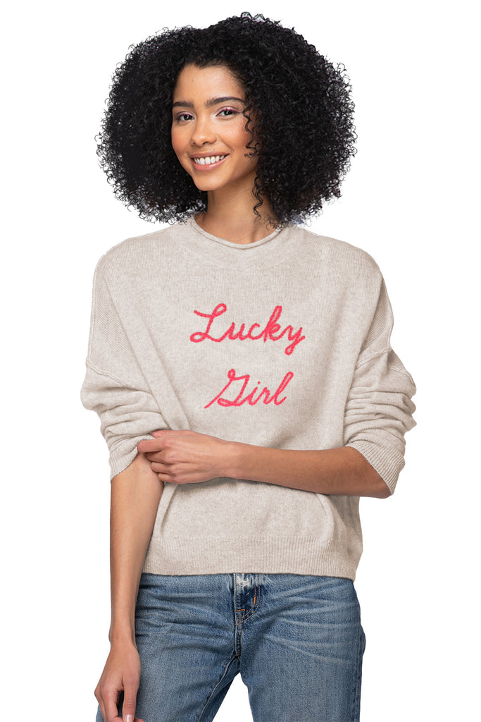 Funnel Neck Embroidery Cashmere Sweater |  Lucky Girl