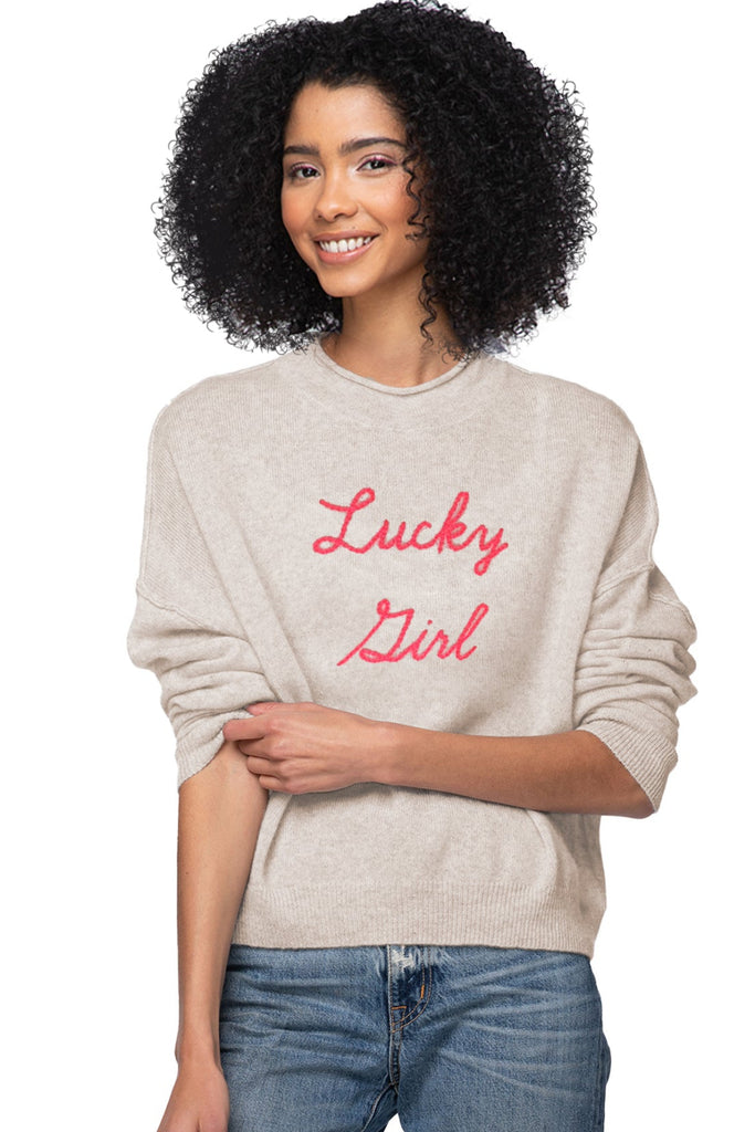 GS21EM-OATMEAL-LUCKY-GIRL Hand Stitched Embroidery Cashmere Mock Neck Sweater
