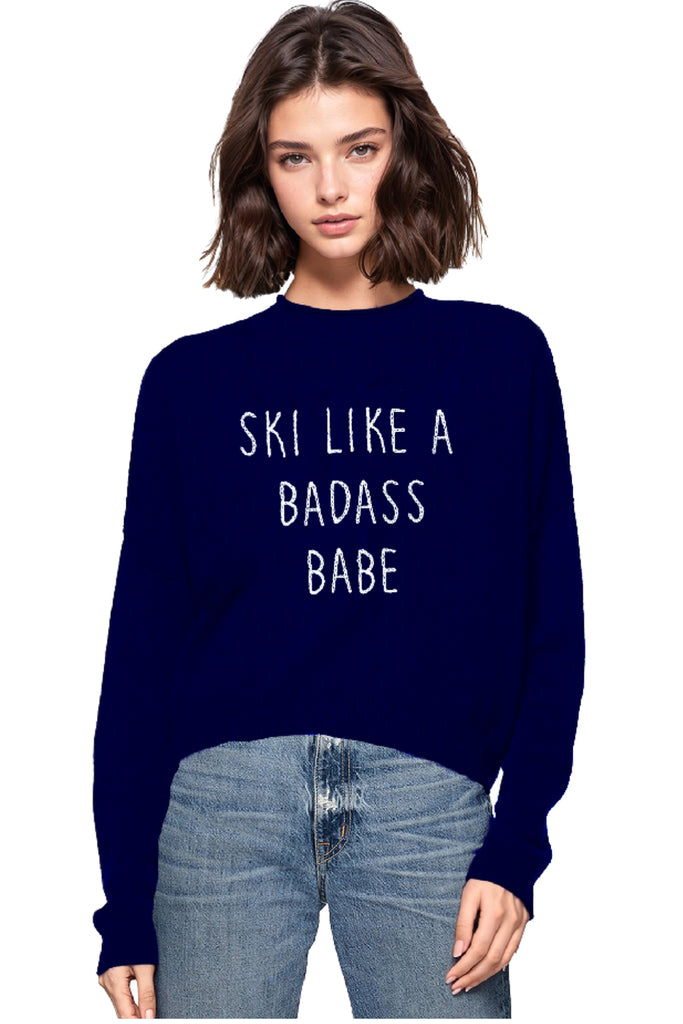 Funnel Neck 100% Cashmere Sweater |  Ski LIke a Bad Ass Babe Embroidery