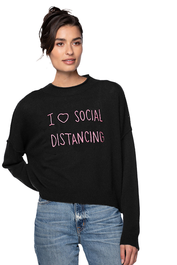 Funnel Neck Cashmere Sweater | I Love Social Distancing Embroidery