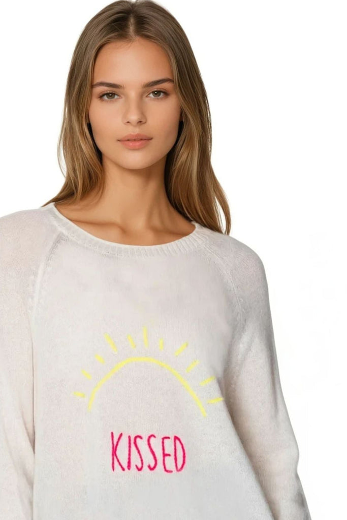 Life is Good Hand Stitch Embroidery Cashmere Crew | Sun Kissed