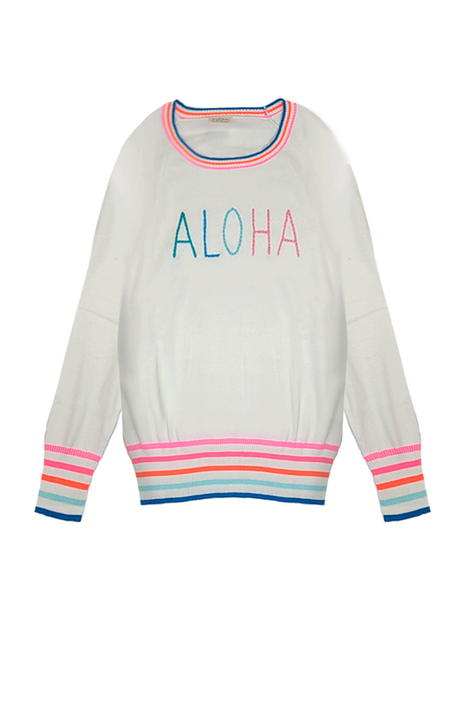 WHITE-crewneck Eco Cotton Sweater Hand Stitch Embroidery Golden Sun--RAINBOW-STRIPES-ALOHA