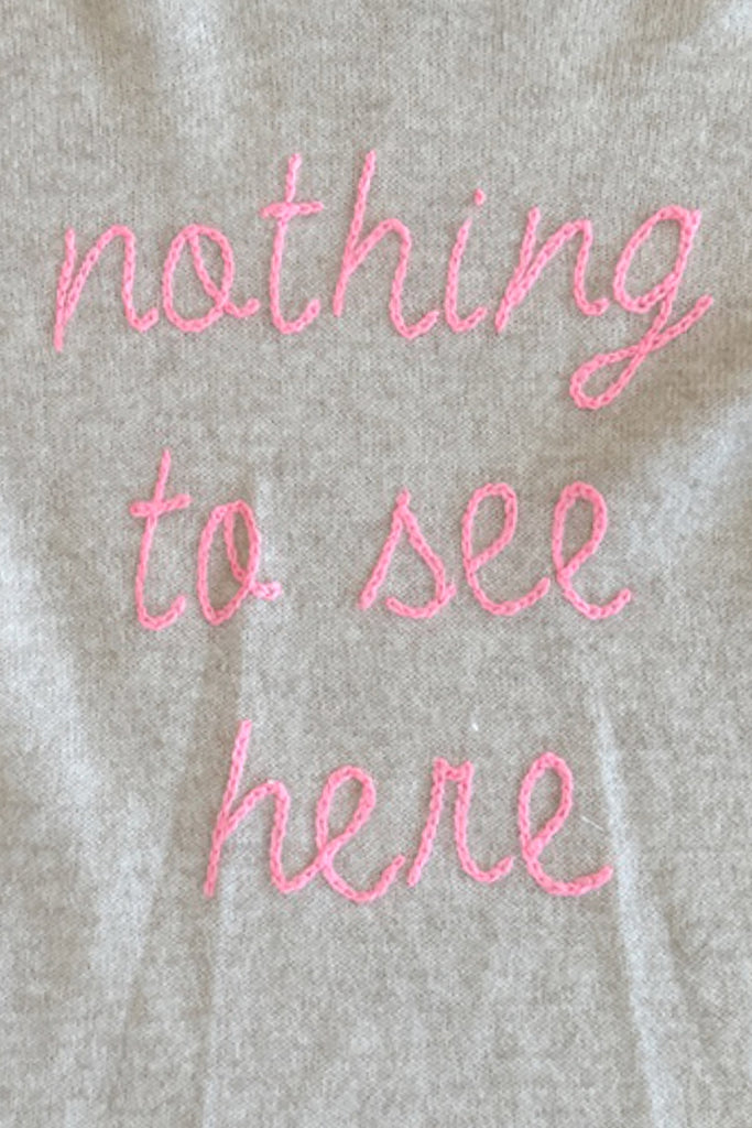 100% Cashmere Hoodie Sweater in Oatmeal with Embroidery "nothing to see here"