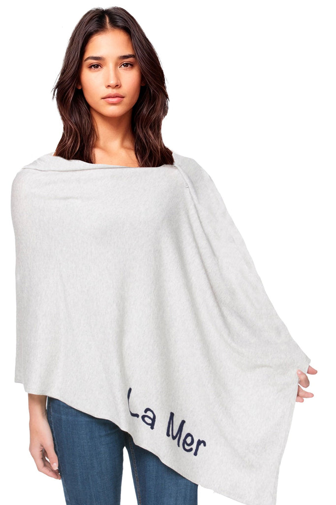 Sweater Poncho Convertible Wrap with Stitched La Mer-La Plage Embroidery