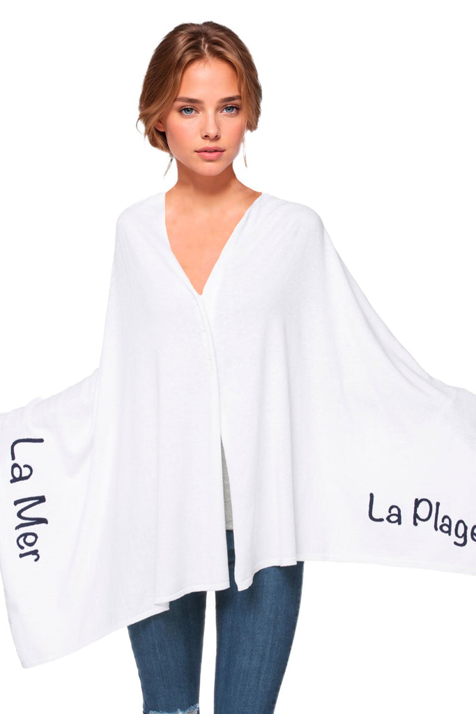 Sweater Poncho Convertible Wrap with Stitched La Mer-La Plage Embroidery