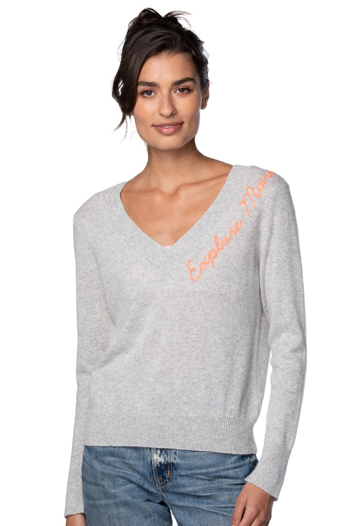 Lt Grey Essential Cashmere V-Neck |  Explore More Embroidery - golden sun cashmere
