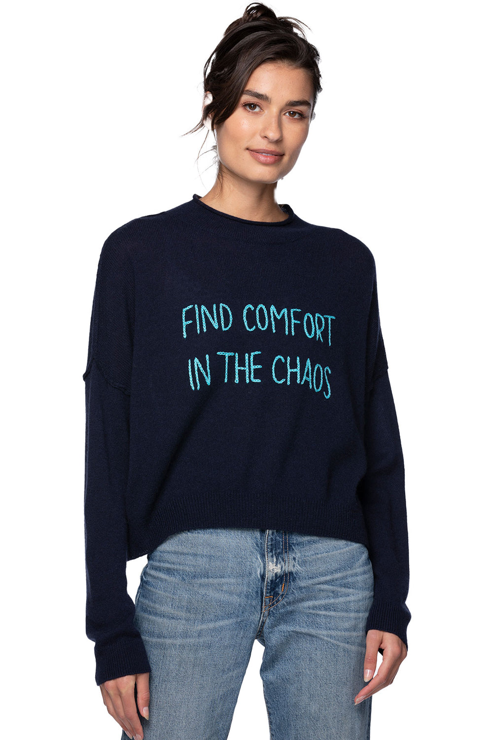 Funnel Neck Embroidery Cashmere Sweater |  Find Comfort in the Chaos - goldensunbrand