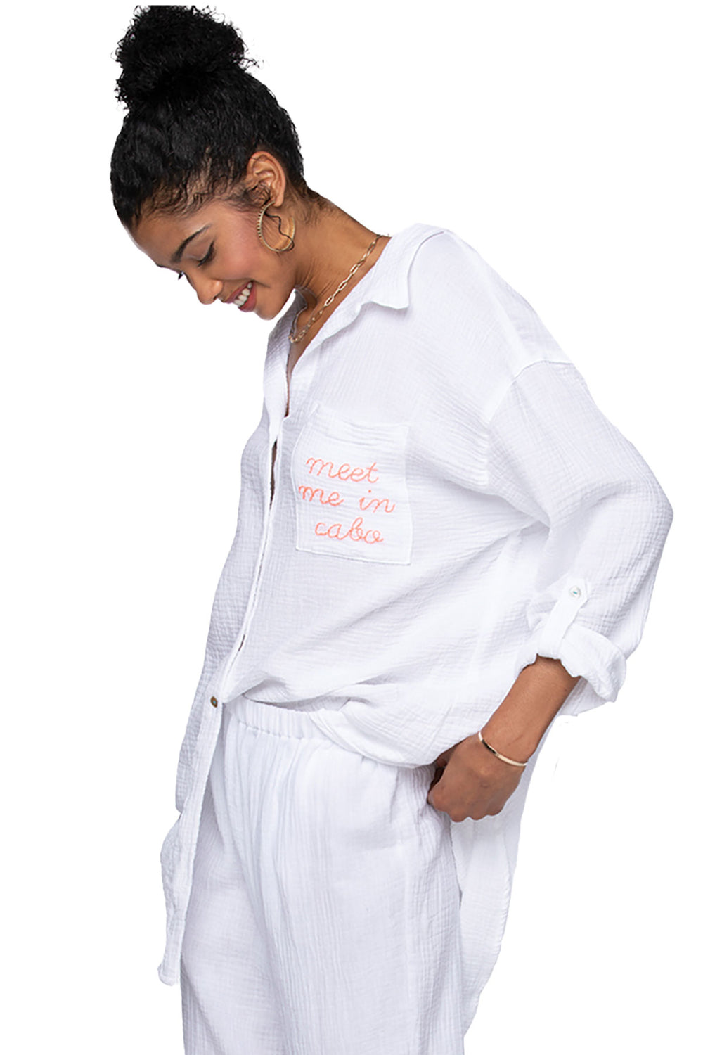 Good Vibes Cotton Gauze Shirt Mini Dress _ Meet me in Cabo Embroidery